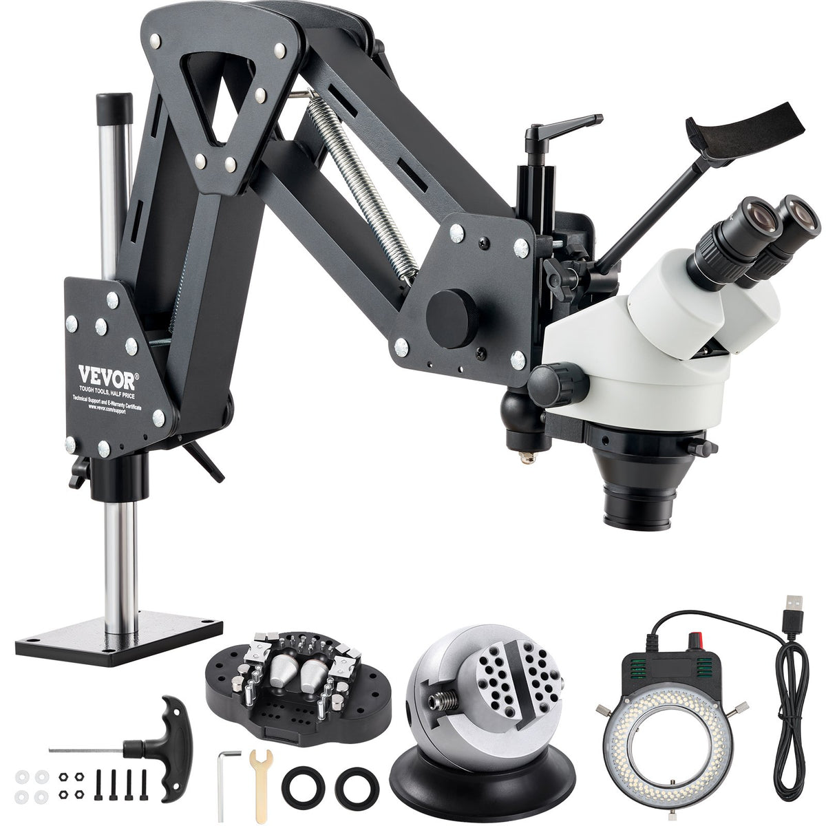 Multi-Directional Microscope with Spring Bracket, 7X-45X Magnification Jewelry Microscope, Micro Jewelry Inlaid Stand with Integrated USB Ring LED Light and 360° Ball Vise, for Jewelry Inlay
