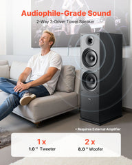 Floorstanding Speaker, 2-Way, Floor-Standing Tower Speaker with 25.4 mm Tweeter, Dual 203.2 mm Woofers, 600W Peak, 50Hz–20kHz Frequency Response, Durable MDF Enclosure, for Home Audio, Single