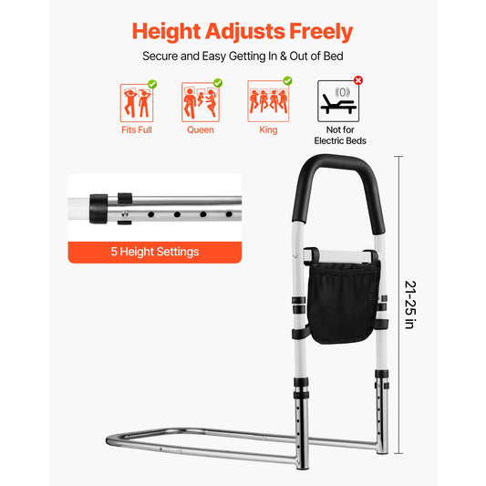 Bed Rail for Elderly, Bedside Assist Rails with PU Handrail, Adjustable Height Pipe Bedside Cane, High-Strength Carbon Steel Bed Bars for Seniors & Patients, Fits King, Queen, Full, Twin