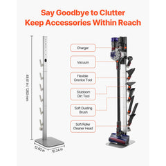 Vacuum Stand, Compatible with Dyson G5 V15 V12 V11 V10 V8 V7 V6 Series Upright Vacuums Cleaners & Accessories, Stable Vacuum Stand Holder with 6 Hooks and Non-slip Footpads, Gray