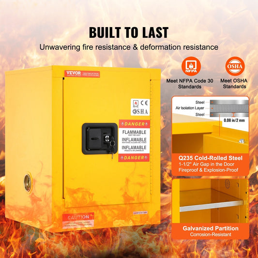 12 Gallon Safety Cabinet for Flammable Liquids Single door and Manual Close Yellow Hazardous Storage