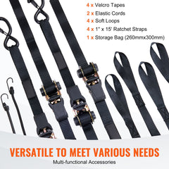 4 Pack Ratchet Tie Down Straps 2200 lbs 1"x15' Heavy Duty for Cargo