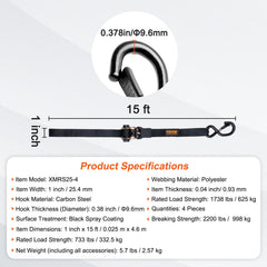4 Pack Ratchet Tie Down Straps 2200 lbs 1"x15' Heavy Duty for Cargo