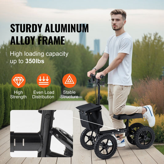 Folding Knee Scooter, Aluminum Steerable Knee Walker with Height-Adjustable Handlebar & Knee Pad, 12" All-Terrain Wheels, Dual Brakes, Leg Recovery Scooter for Broken Ankle Foot Injuries, 159KG