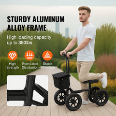 Folding Knee Scooter, Aluminum Steerable Knee Walker with Height-Adjustable Handlebar & Knee Pad, 12" All-Terrain Wheels, Dual Brakes, Leg Recovery Scooter for Broken Ankle Foot Injuries, 159KG