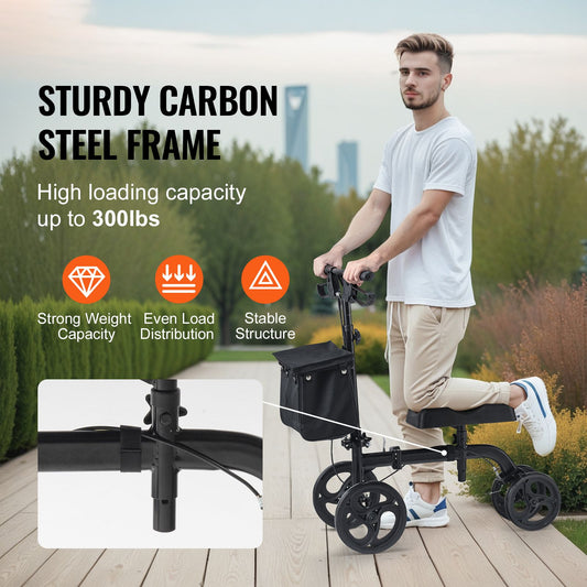 Folding Knee Scooter, Carbon Steel Steerable Knee Walker with Height-Adjustable Handlebar & Knee Pad, All-Terrain Solid Wheels, Dual Brakes, Leg Recovery Scooter for Broken Ankle Foot Injuries