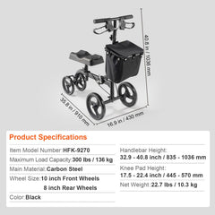Folding Knee Scooter, Carbon Steel Steerable Knee Walker with Height-Adjustable Handlebar & Knee Pad, All-Terrain Solid Wheels, Dual Brakes, Leg Recovery Scooter for Broken Ankle Foot Injuries