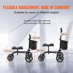 Folding Knee Scooter, Carbon Steel Steerable Knee Walker with Height-Adjustable Handlebar & Knee Pad, All-Terrain Solid Wheels, Dual Brakes, Leg Recovery Scooter for Broken Ankle Foot Injuries