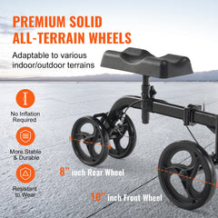 Folding Knee Scooter, Carbon Steel Steerable Knee Walker with Height-Adjustable Handlebar & Knee Pad, All-Terrain Solid Wheels, Dual Brakes, Leg Recovery Scooter for Broken Ankle Foot Injuries