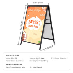 A Frame Sidewalk Sign, 61x91cm Heavy Duty Slide-in Signboard Holder, Double-Sided Folding Sandwich Board Signs, Steel Pavement Sign Poster for Outdoor Business Street Advertising (Frame only)