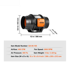 Inline Duct Fan, 152.4mm 323.7 CFM with Variable Speed Controller, Quiet AC-motor Ventilation Exhaust Fan for Cooling Booster, Grow Tents, Hydroponics