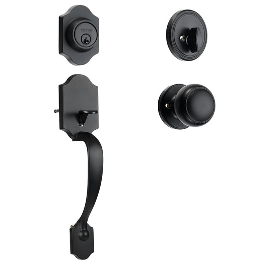 Front Door Handle and Deadbolt Set, Matte Black Single Cylinder Handles with Interior Knob, Adjustable for Right and Left Hand Doors