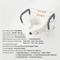 Raised Toilet Seat, 5" Height Raised, 350 lbs Weight Capacity, for Round and Elongated Toilet, Twist Lock Installation,19.1" - 21.7" Adjustable Width, for Elderly, Handicap, Patient, Pregnant, M