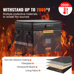 Fireproof Document Box, Fireproof Document Bag with Lock 2000_, Fireproof and Waterproof File Box 450x140x315 mm with Zipper & Handle, for Money, Documents, Jewelry and Passport