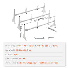 3-Bar Van Roof Ladder Rack Adjustable 56.3"-61.4" for Full-Size Vans