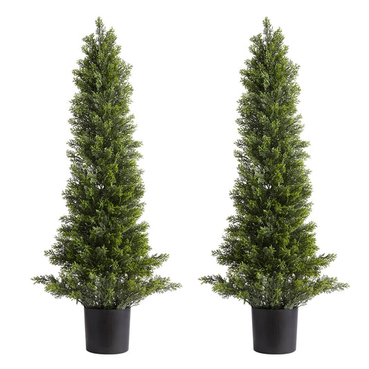 Artificial Topiary Cedar Trees, 2 Set 914mm Faux Pine Shrubs Plants, Fake Silk Tree Look Real, Easy Assembly for Decor Front Porch Outdoor Patio Garden Balcony Backyard Indoor Office