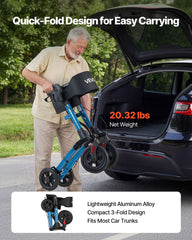 Rollator Walker with Seat for Seniors, Ultra Compact 3-Fold Rolling Walker, Lightweight Aluminum Mobility Walking Aid with PU Solid Wheels, Adjustable Handle, Cup & Cane Holder - Supports 136kg
