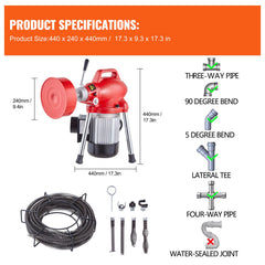 Drain Cleaner Machine 66FT x 5/8In 250W Sectional Snake Auger Manual Feed