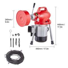 Drain Cleaner Machine 66FT x 5/8In 250W Sectional Snake Auger Manual Feed