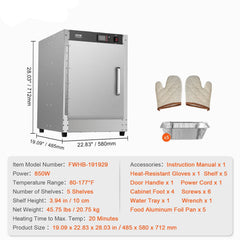 Hot Box Food Warmer, 5-Tier Concession Warmer with Water Tray, 5 Pans, Single-door and Adjustable Shelves, Stainless Steel Food Warmer Cabinet, Ideal for Storing Pizza, Chicken, Restaurant