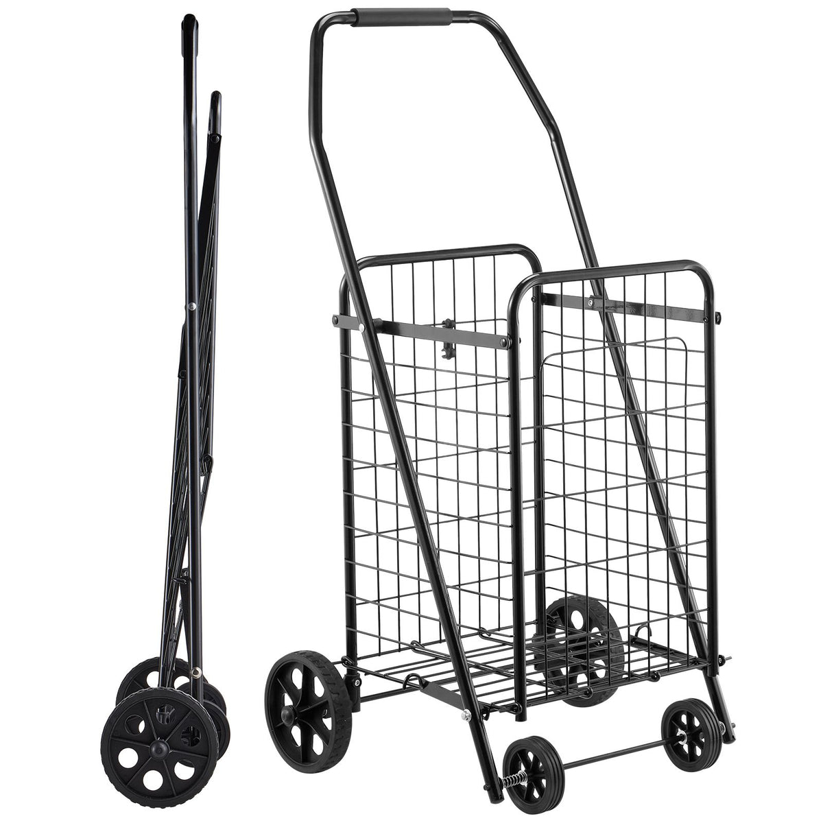 Shopping Cart, Folding Grocery Utility Cart with Swivel Wheels, 40.8 kg Large Load Capacity, Heavy Duty Rolling Laundry Basket Butler for Laundry, Shopping, Camping, Grocery, Luggage, Black