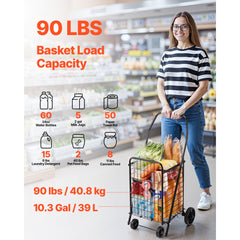 Shopping Cart, Folding Grocery Utility Cart with Swivel Wheels, 40.8 kg Large Load Capacity, Heavy Duty Rolling Laundry Basket Butler for Laundry, Shopping, Camping, Grocery, Luggage, Black