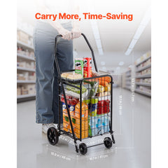 Shopping Cart, Folding Grocery Utility Cart with Swivel Wheels, 40.8 kg Large Load Capacity, Heavy Duty Rolling Laundry Basket Butler for Laundry, Shopping, Camping, Grocery, Luggage, Black