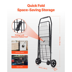 Shopping Cart, Folding Grocery Utility Cart with Swivel Wheels, 40.8 kg Large Load Capacity, Heavy Duty Rolling Laundry Basket Butler for Laundry, Shopping, Camping, Grocery, Luggage, Black