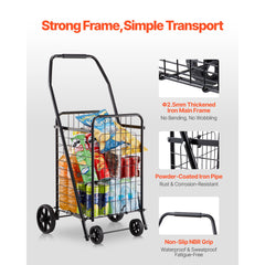 Shopping Cart, Folding Grocery Utility Cart with Swivel Wheels, 40.8 kg Large Load Capacity, Heavy Duty Rolling Laundry Basket Butler for Laundry, Shopping, Camping, Grocery, Luggage, Black