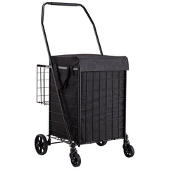 Shopping Cart, Folding Grocery Utility Cart with Dual Baskets, Waterproof Liner & Wheels, 45 KG Large Load Capacity, Heavy Duty Laundry Basket for Laundry, Shopping, Camping, Grocery, Luggage
