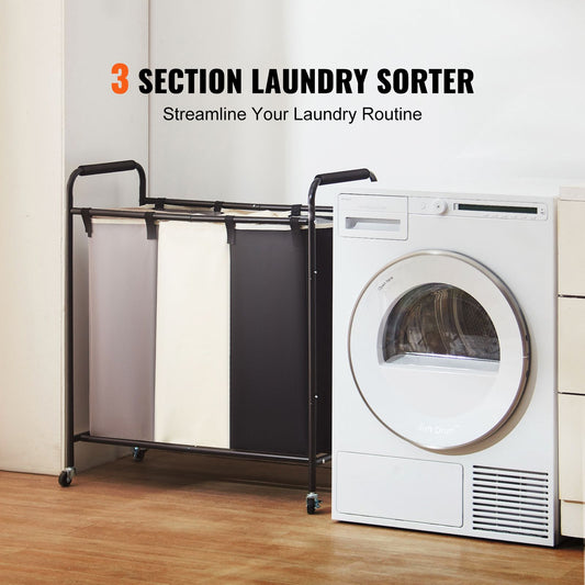 3-Section Laundry Basket, Heavy Duty Laundry Hamper Storage Organizer, Laundry Sorter Cart with Heavy Duty Lockable Wheels for Dirty Clothes in Laundry Room Bedroom