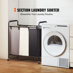 3-Section Laundry Basket, Heavy Duty Laundry Hamper Storage Organizer, Laundry Sorter Cart with Heavy Duty Lockable Wheels for Dirty Clothes in Laundry Room Bedroom