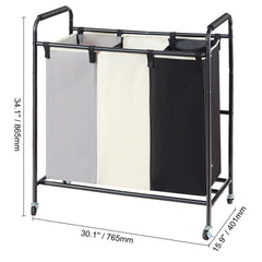 3-Section Laundry Basket, Heavy Duty Laundry Hamper Storage Organizer, Laundry Sorter Cart with Heavy Duty Lockable Wheels for Dirty Clothes in Laundry Room Bedroom