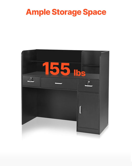 Reception Desk, 1200 x 480 x 1100 mm Rectangular Front Counter Table, Office Reception Counter with Lockable Drawer and Storage Cabinet, for Checkout, Lobby, Beauty Salon and Office, Black