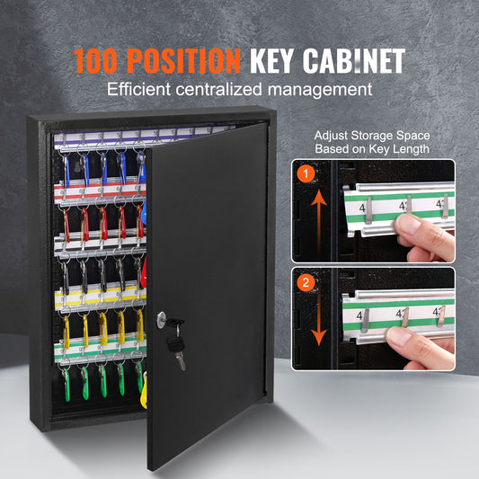 100-Key Cabinet, Key Lock Box with Adjustable Racks, Security Key Storage Box Steel, Key Organizer with 100 Colorful Key Tags and 2 Record Cards for School, Office, Hotel