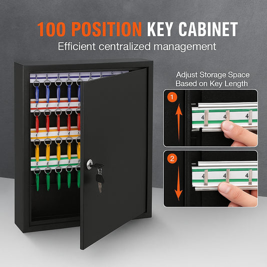 100-Key Cabinet, Key Lock Box with Adjustable Racks, Security Key Storage Box Steel, Key Organizer with 100 Colorful Key Tags and 2 Record Cards for School, Office, Hotel