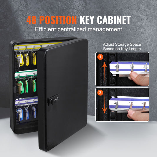 48-Key Cabinet, Key Safe with Combination & Key Lock, Digital Security Storage Box Steel Key Organizer with Adjustable Racks, 48 pcs Colorful Key Tags and A Record Card for School, Office, Hotel