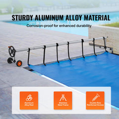 Pool Cover Reel, Aluminum Solar Cover Reel 14 ft, Inground Swimming Pool Cover Reel Set with Rubber Wheels and Sandbags, Fits for 3-14 ft Width Swimming Pools