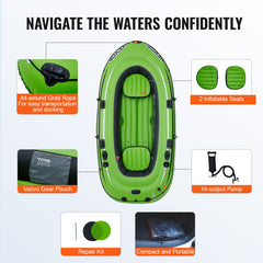 VEVOR Inflatable Boat, 4-Person Inflatable Fishing Boat, Strong PVC Portable Boat Raft Kayak, 1158mm Aluminum Oars, High-Output Pump, Fishing Rod Holders, and 2 Seats, 1100 lb Capacity for Adults Kids