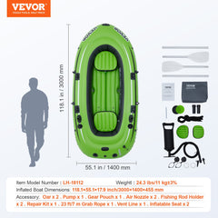 VEVOR Inflatable Boat, 4-Person Inflatable Fishing Boat, Strong PVC Portable Boat Raft Kayak, 1158mm Aluminum Oars, High-Output Pump, Fishing Rod Holders, and 2 Seats, 1100 lb Capacity for Adults Kids