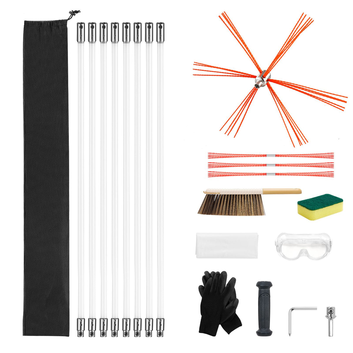 Chimney Sweep Kit, 8m Maximum Extendable Length Chimney Brush, Chimneys Cleaning Kit with Bristle Replacements & Goggles, 90° Bendable Fireplace Cleaning Tool, for Square, Rectangle Chimneys