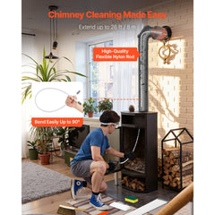 Chimney Sweep Kit, 8m Maximum Extendable Length Chimney Brush, Chimneys Cleaning Kit with Bristle Replacements & Goggles, 90° Bendable Fireplace Cleaning Tool, for Square, Rectangle Chimneys
