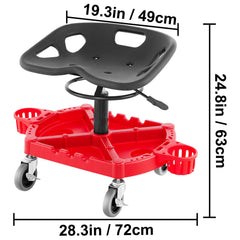 Rolling Garage Stool, 300LBS Capacity, Adjustable Height from 18 in to 23 in, 360-degree Swivel Wheels (4\"), Large Tool Tray with Two Bottle Holder, for Workshop, Auto Repair Shop, Red