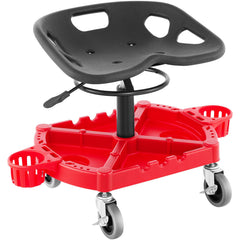 Rolling Garage Stool, 300LBS Capacity, Adjustable Height from 18 in to 23 in, 360-degree Swivel Wheels (4\"), Large Tool Tray with Two Bottle Holder, for Workshop, Auto Repair Shop, Red