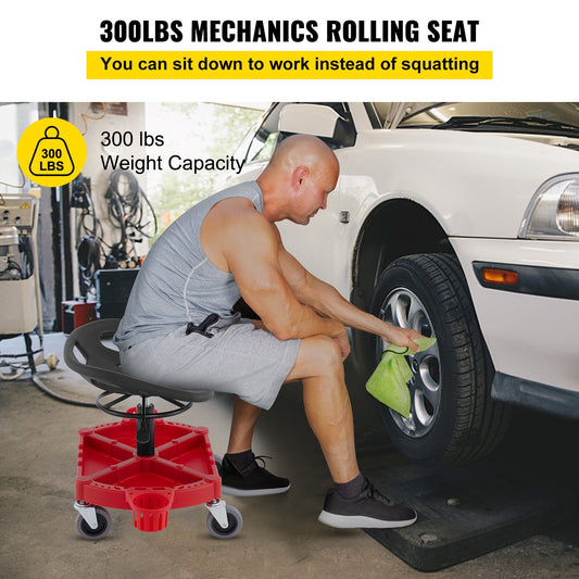 Rolling Garage Stool, 300LBS Capacity, Adjustable Height from 18 in to 23 in, 360-degree Swivel Wheels (4\"), Large Tool Tray with Two Bottle Holder, for Workshop, Auto Repair Shop, Red