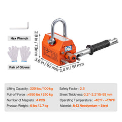 Magnetic Lifter, 100 kg/220 lbs Pulling Capacity, 2.5 Safety Factor, Neodymium & Steel, Lifting Magnet with Release, Permanent Lift Magnets, Heavy Duty Magnet for Hoist, Shop Crane, Block, Board