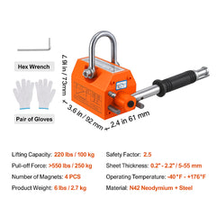 Magnetic Lifter, 100 kg/220 lbs Pulling Capacity, 2.5 Safety Factor, Neodymium & Steel, Lifting Magnet with Release, Permanent Lift Magnets, Heavy Duty Magnet for Hoist, Shop Crane, Block, Board