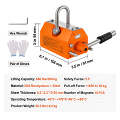 Magnetic Lifter, 300 kg Pulling Capacity, 2.5 Safety Factor, Neodymium & Steel, Lifting Magnet with Release, Permanent Lift Magnets, Heavy Duty Magnet for Hoist, Shop Crane, Block, Board