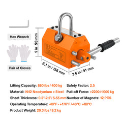 Magnetic Lifter, 400 kg/880 lbs Pulling Capacity, 2.5 Safety Factor, Neodymium & Steel, Lifting Magnet with Release, Permanent Lift Magnets, Heavy Duty Magnet for Hoist, Shop Crane, Block, Board