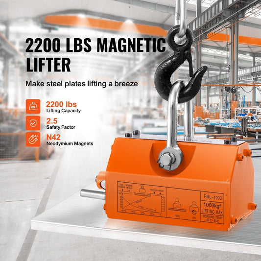 Magnetic Lifter, 1000kg Pulling Capacity, 2.5 Safety Factor, Neodymium & Steel, Lifting Magnet with Release, Permanent Lift Magnets, Heavy Duty Magnet for Hoist, Shop Crane, Block, Board